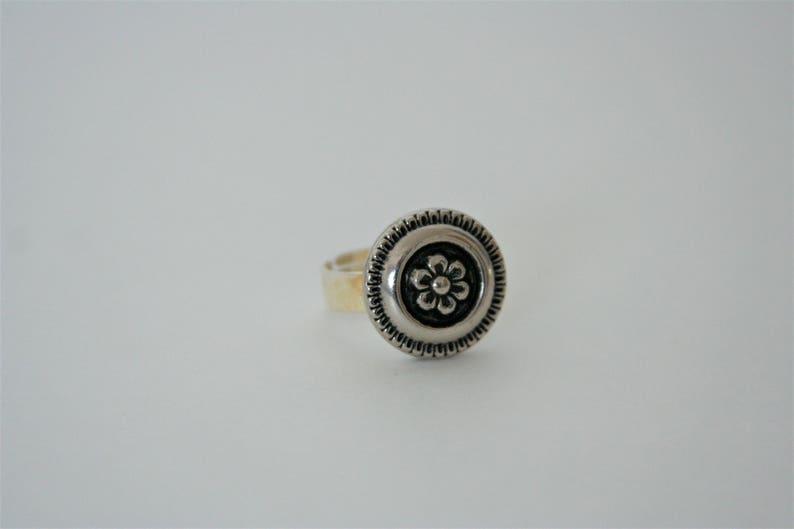 embellished with a flower on an adjustable band Flower Ring Silver button Daughter Gift