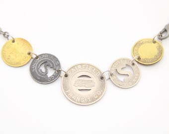Bus token Necklace Currency Choker. Made from vintage tokens