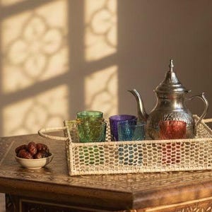 Op de afbeelding: Een rechthoekig dienblad van gevlochten stro met handvatten, bevattende een zilverkleurige metalen theepot en vier gekleurde, getextureerde glazen in groen, paars, blauw en rood. Een klein keramieken schaaltje met bruine dadels staat ernaast.