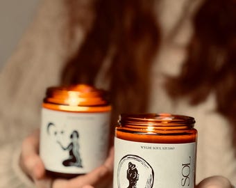 Vegane Sojawachskerze im Glas, Boho Ritualkerze & Göttinnenkerze Sol, sonnige Energie Kerze für Meditation und Yoga
