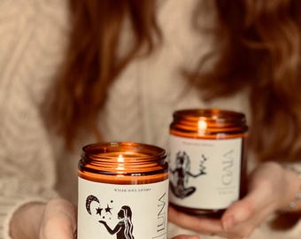 Vegane Sojawachskerze im Glas, Boho Ritualkerze & Göttinnenkerze, Luna Mond Energie Kerze für Meditation und Yoga
