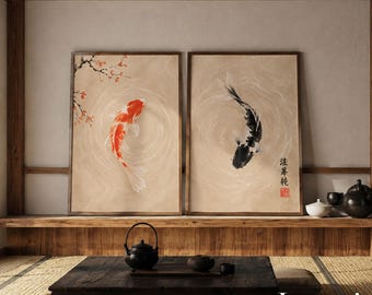 Ensemble de 2 affiches de carpes koï, art mural Yin Yang, affiche japonaise, décoration Japandi, art zen, affiche Feng Shui, décoration murale asiatique, carpes koï vintage