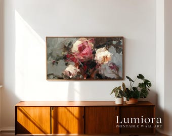 Romantic Pink Roses Samsung Frame TV Art, Abstract Floral Oil Painting, Textured Wildflower Still Life, Impressionist Decor, 4K, image 3