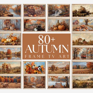 May include: A collection of framed autumn-themed art prints. The images depict various fall scenes, including landscapes with trees, water features, pumpkins, and a red trolley. The text "80+ AUTUMN FRAME TV ART" is displayed in the center.