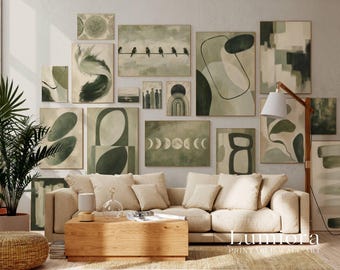 300+ Green Abstract Wall Art Set, Sage Green Gallery Wall, Mid Century Modern Prints, Japandi Decor, image 7
