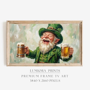 May include: A framed painting of a laughing leprechaun holding two mugs of beer. The leprechaun wears a green hat and jacket with a white beard. The painting has a light green and white background. The text "LUMIRA PRINTS" is at the bottom.