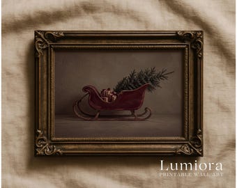 Vintage Christmas Sleigh Painting, Red Sleigh with Christmas Tree Print, Moody Holiday Wall Art, Printable Christmas Decor, Digital Download, image 1