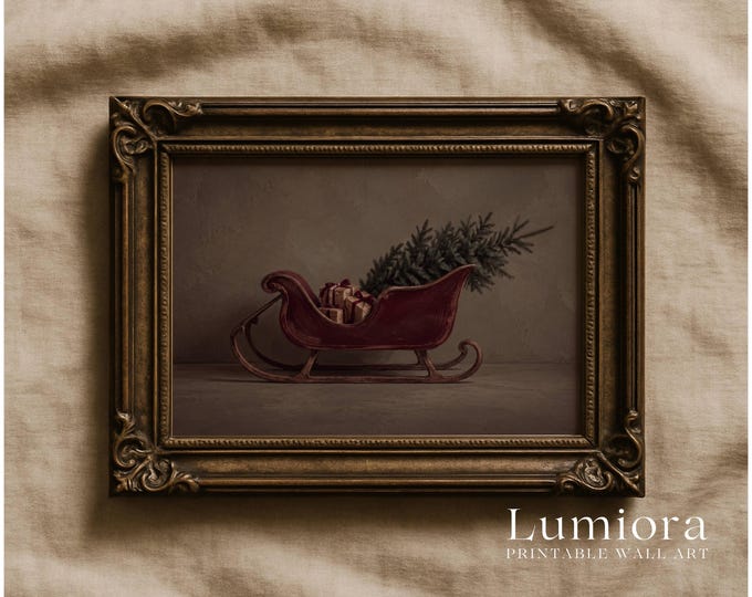 Vintage Christmas Sleigh Painting, Red Sleigh with…