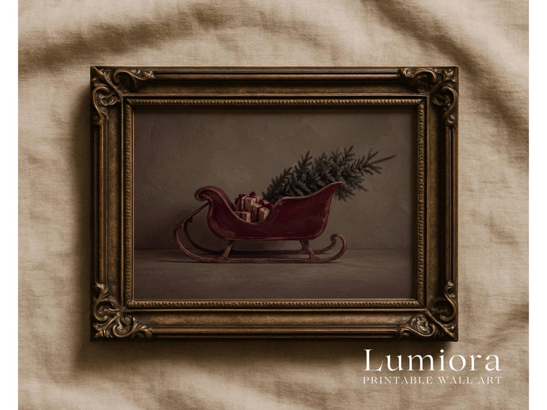 Vintage Christmas Sleigh Painting, Red Sleigh with Christmas Tree Print, Moody Holiday Wall Art, Printable Christmas Decor, Digital Download