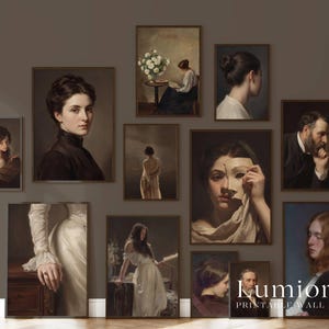 May include: A collection of framed vintage portrait prints in various sizes. The portraits feature subjects in classic attire, with a focus on women and men in contemplative poses. The color palette is muted, with browns, creams, and blues.