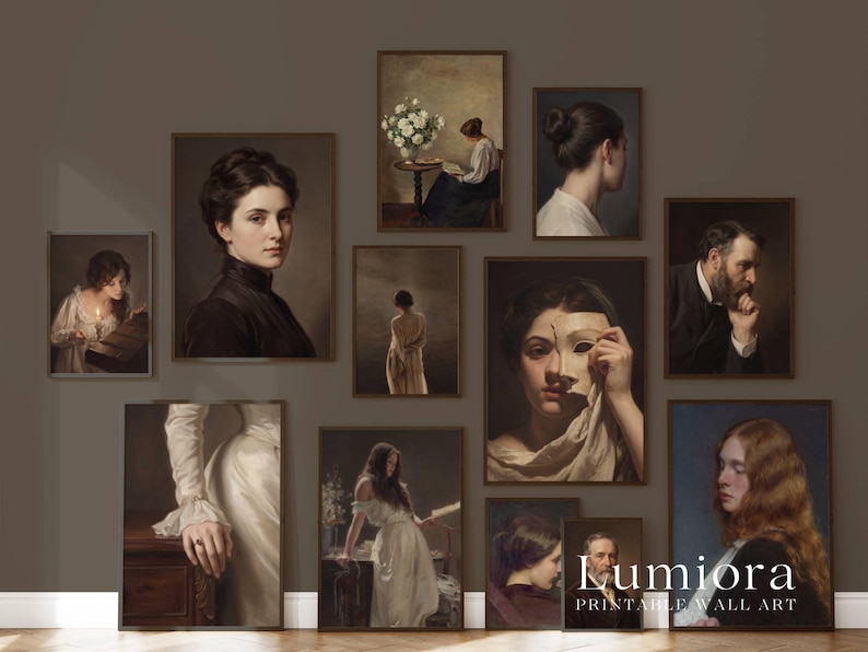 May include: A collection of framed vintage portrait prints in various sizes. The portraits feature subjects in classic attire, with a focus on women and men in contemplative poses. The color palette is muted, with browns, creams, and blues.