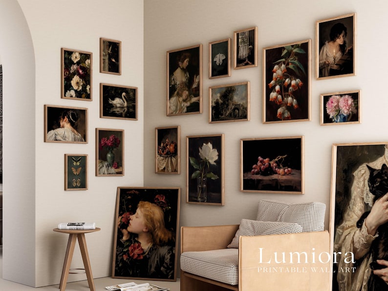 May include: A collection of framed vintage art prints displayed on a wall. The selection includes floral still lifes, portraits, and landscapes in wooden frames. The colour palette is dominated by dark tones, with pops of red, white, and green.