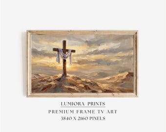 Cross Resurrection TV Art, He Is Risen Christian Oil Painting, Easter Samsung Frame TV Art, Spiritual Faith Sunset Landscape Decor, image 1