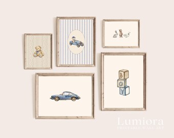 50+ Baby Boy Nursery Prints, Classic Boy Room Decor, Vintage Teddy Bear Art, Blue Striped Wall Art, Retro Car Print, Gallery Wall Set, image 7