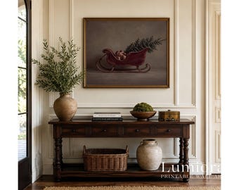 Vintage Christmas Sleigh Painting, Red Sleigh with Christmas Tree Print, Moody Holiday Wall Art, Printable Christmas Decor, Digital Download, image 4
