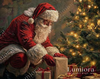 Samsung Frame TV Art Christmas Santa Putting Gifts • Vintage Christmas Tree Painting • Cozy Holiday Decor • Classic Santa Claus Wall Art, image 7