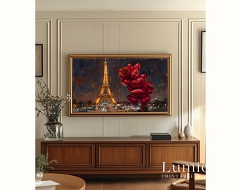 Samsung Frame TV Art Valentine's Day, Paris Eiffel Tower Night Oil Painting, Romantic Red Heart Balloons, 4K Digital Download Screensaver, image 6