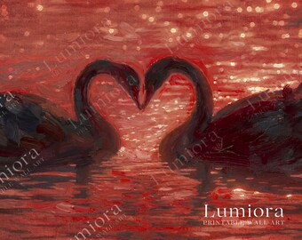 Samsung Frame TV Art Valentine's Day, Romantic Swans Heart Shape, Red Water Oil Painting, Nature 4K Download, image 4