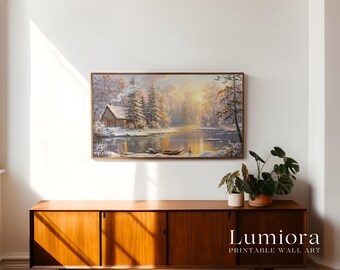 Samsung Frame TV Art Winter Cabin Landscape • Snowy River Sunrise Painting • Cozy Rustic Nature Artwork, image 3