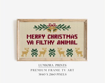 Christmas Quote Wall Art for Samsung Frame TV – Merry Christmas Ya Filthy Animal Knit Style Holiday Artwork, image 1