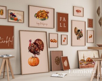 50+ Thanksgiving Prints, Fall Gallery Wall, Turkey Painting Set, Autumn Wall Decor, Give Thanks Poster, Thanksgiving Art, image 4