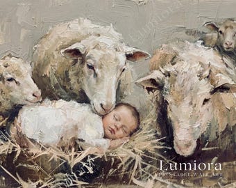 Baby Jesus with Sheep Samsung Frame TV Art, Nativity Scene Screen Decor, Christian Religious Oil Painting, Manger Faith Background, 4K, image 7