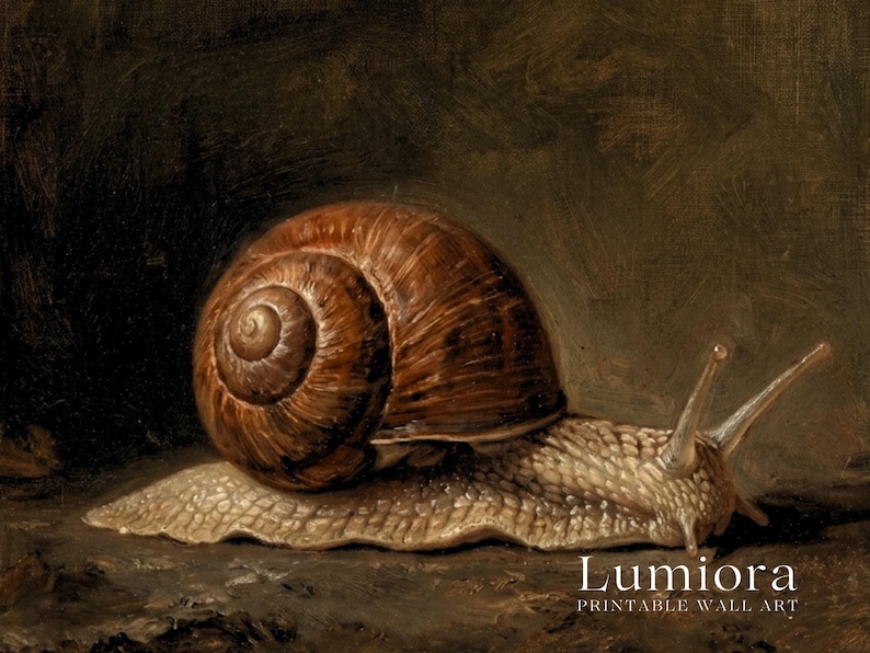 Puede incluir: Una pintura al &oacute;leo de un caracol con una concha espiral de color marr&oacute;n texturizado y un cuerpo p&aacute;lido y moteado. El caracol est&aacute; posicionado de perfil sobre un fondo oscuro y sombr&iacute;o. El texto "Lumiora PRINTABLE WALL ART" aparece en la esquina inferior derecha.
