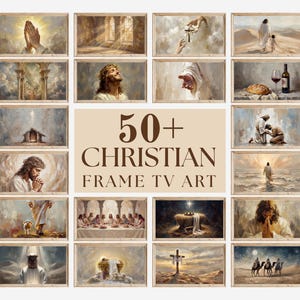 Könnte beinhalten: Eine Sammlung gerahmter christlicher Kunstdrucke mit verschiedenen religiösen Szenen und Figuren. Die Kunstwerke werden in einem Raster angezeigt, mit einem zentralen Text-Overlay, das "50+ CHRISTIAN FRAME TV ART" lautet. Die Gemälde haben einen Vintage- und klassischen Stil.