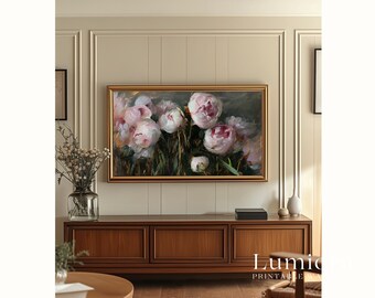 Romantic Pink Peonies Samsung Frame TV Art, Moody Floral Oil Painting, Gold Accent Botanical Decor, Textured Abstract Flower Field, 4K, image 5