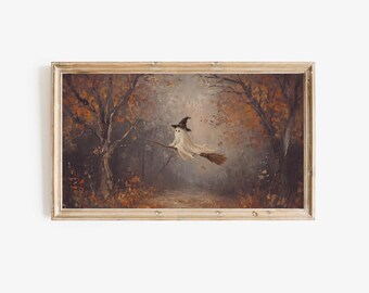 Halloween Frame TV Art, Ghost on Broomstick in Autumn Forest, Vintage Fall Oil Painting, Cute Witch Ghost Decor, Digital Download for TV, image 6