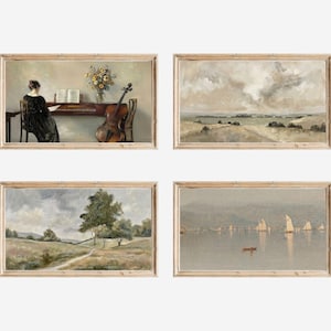May include: Four framed vintage landscape and still life paintings. One depicts a person at a piano with a cello, another a cloudy landscape, a third a path through a field, and the last a seascape with sailboats.