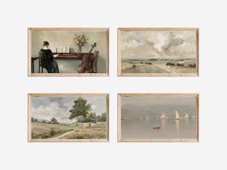 May include: Four framed vintage landscape and still life paintings. One depicts a person at a piano with a cello, another a cloudy landscape, a third a path through a field, and the last a seascape with sailboats.