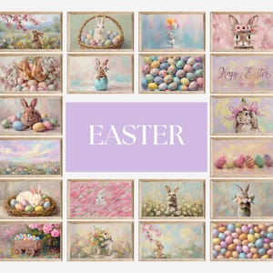 May include: A collection of framed Easter-themed art prints. The prints feature pastel-colored illustrations of bunnies, eggs, and spring landscapes. The word "EASTER" is displayed in a large font on a lavender background.