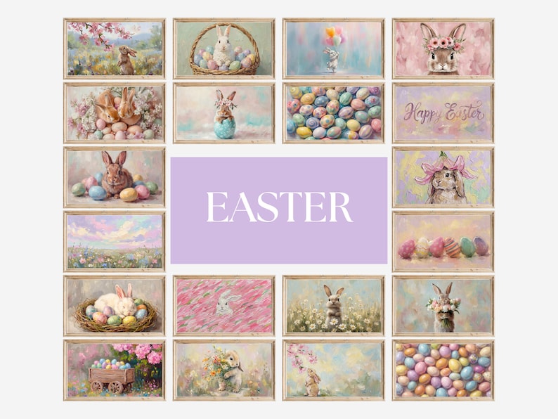 May include: A collection of framed Easter-themed art prints. The prints feature pastel-colored illustrations of bunnies, eggs, and spring landscapes. The word "EASTER" is displayed in a large font on a lavender background.