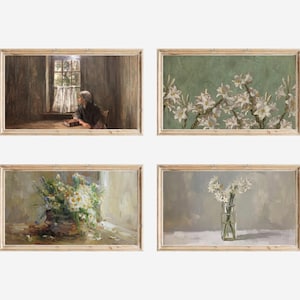 May include: Four framed vintage art prints. The top left print depicts a person seated by a window. The top right print shows white flowers against a green background. The bottom prints feature floral still lifes.