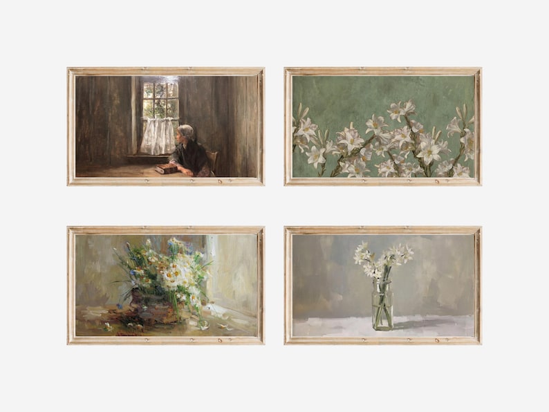 May include: Four framed vintage art prints. The top left print depicts a person seated by a window. The top right print shows white flowers against a green background. The bottom prints feature floral still lifes.