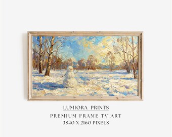 Samsung Frame TV Art Snowman Winter Scene • Peaceful Snowy Landscape Painting • Cozy Winter Wall Art • Minimal Winter Decor, image 1