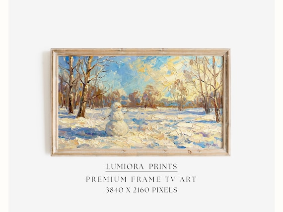 Samsung Frame TV Art Snowman Winter Scene • Peaceful Snowy Landscape Painting • 