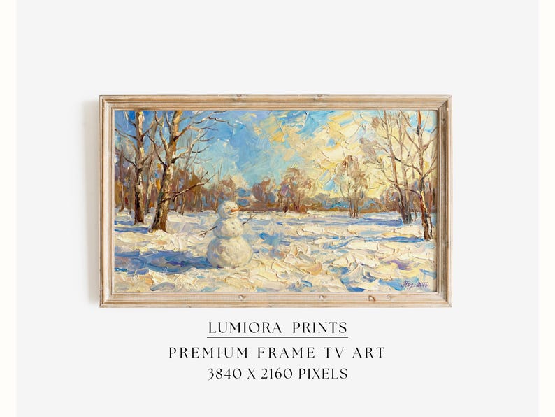 Samsung Frame TV Art Snowman Winter Scene • Peaceful Snowy Landscape Painting •
