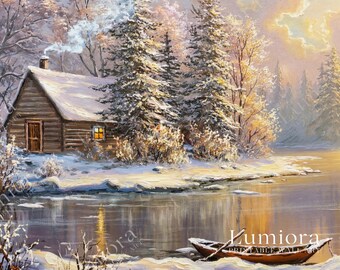 Samsung Frame TV Art Winter Cabin Landscape • Snowy River Sunrise Painting • Cozy Rustic Nature Artwork, image 7