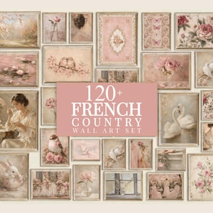 Puede incluir: Un conjunto de más de 120 láminas de arte mural en tonos rosa suave y neutros, que representan arreglos florales, cisnes, aves, conejos y figuras, con un texto central superpuesto que dice 120+ FRENCH COUNTRY WALL ART SET.