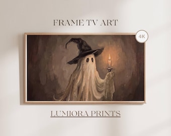 Halloween Frame TV Art, Witch Ghost with Candle, Vintage Halloween Oil Painting, Spooky Cute Ghost Decor, Moody Fall Digital Download TV, image 1