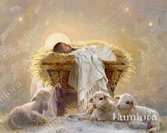 Baby Jesus in Manger TV Art, Nativity with Lambs Christian Oil Painting, Christmas Holy Night Samsung Frame TV Art, Spiritual Nursery Art, image 7