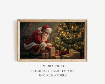 Samsung Frame TV Art Christmas Santa Putting Gifts • Vintage Christmas Tree Painting • Cozy Holiday Decor • Classic Santa Claus Wall Art, image 1