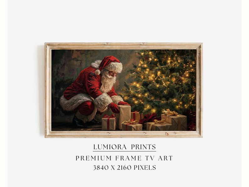 Samsung Frame TV Art Christmas Santa Putting Gifts • Vintage Christmas Tree Pain