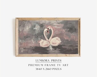 Romantic Swan Couple Samsung Frame TV Art, Abstract Love Heart Symbol, Impressionist Oil Painting, Neutral Grey and Pink Valentine's Decor, image 1