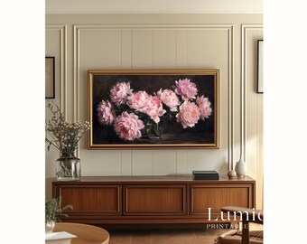 Romantic Pink Peonies Samsung Frame TV Art, Vintage Floral Still Life, Classic Oil Painting, Moody Botanical Decor, Soft Pink Flower Bouquet, image 6