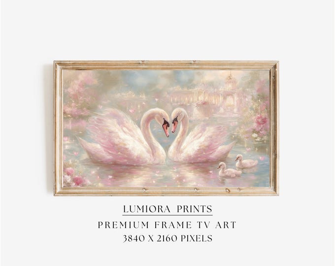 Romantic Pink Swans Samsung Frame TV Art, Dreamy Fairytale…