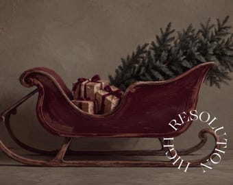 Vintage Christmas Sleigh Painting, Red Sleigh with Christmas Tree Print, Moody Holiday Wall Art, Printable Christmas Decor, Digital Download, image 5