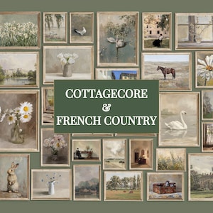 May include: A collection of framed vintage-style art prints in a cottagecore and French country aesthetic. The prints feature floral still lifes, landscapes, and animal portraits, with a muted color palette and antique wooden frames.